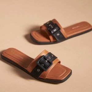 Anthropologie Women's Sz 39 Buckle Slide Leather Sandals Brown/Black Square Toe
